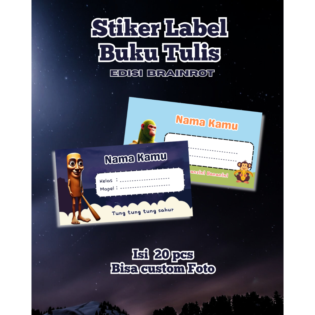 

Stiker Label Buku Tulis Brainrot tung tung tung sahur tralalelo tralala bombardiro crocodilo brr brr patapim boneca ambalabu cacto hipopotamo chimpanzini bananini