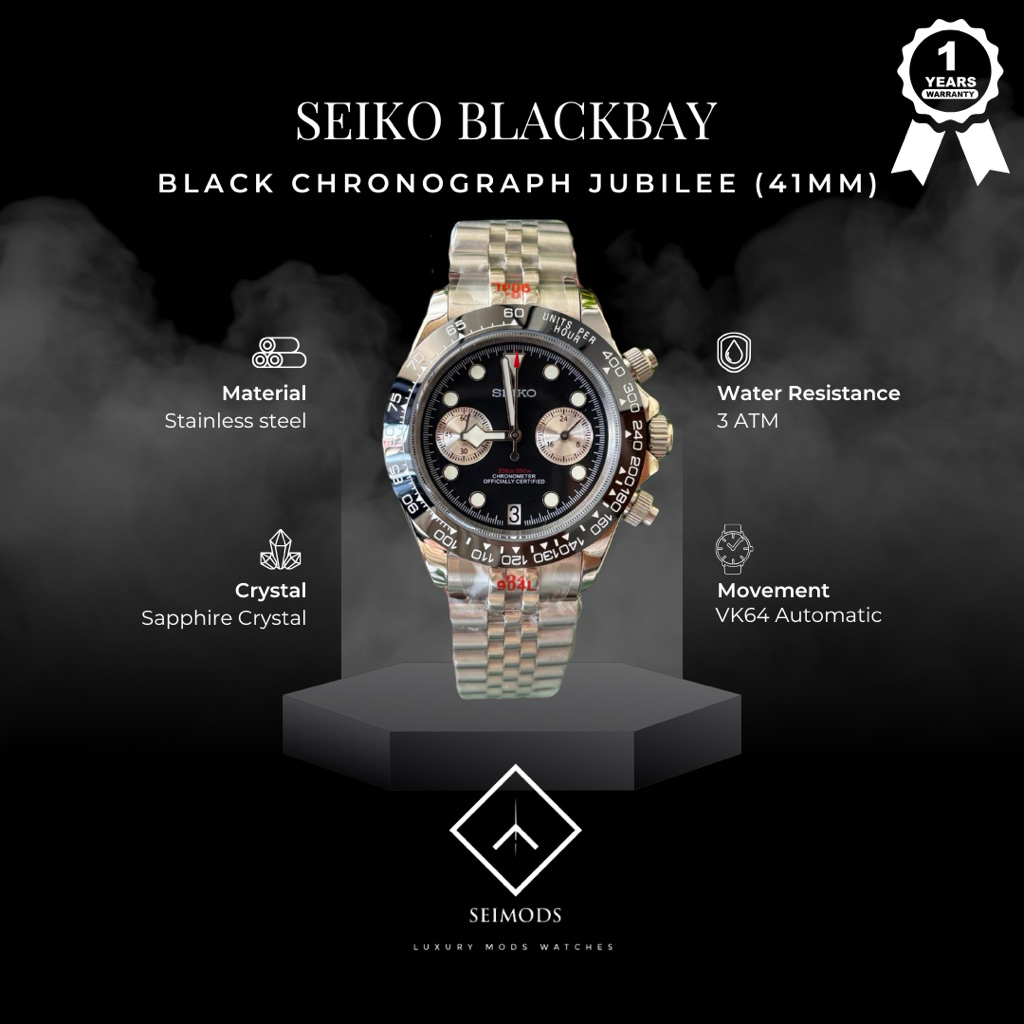 Jam Tangan Mod Seiko Blackbay Black Chronograph VK64 Watch Jubilee