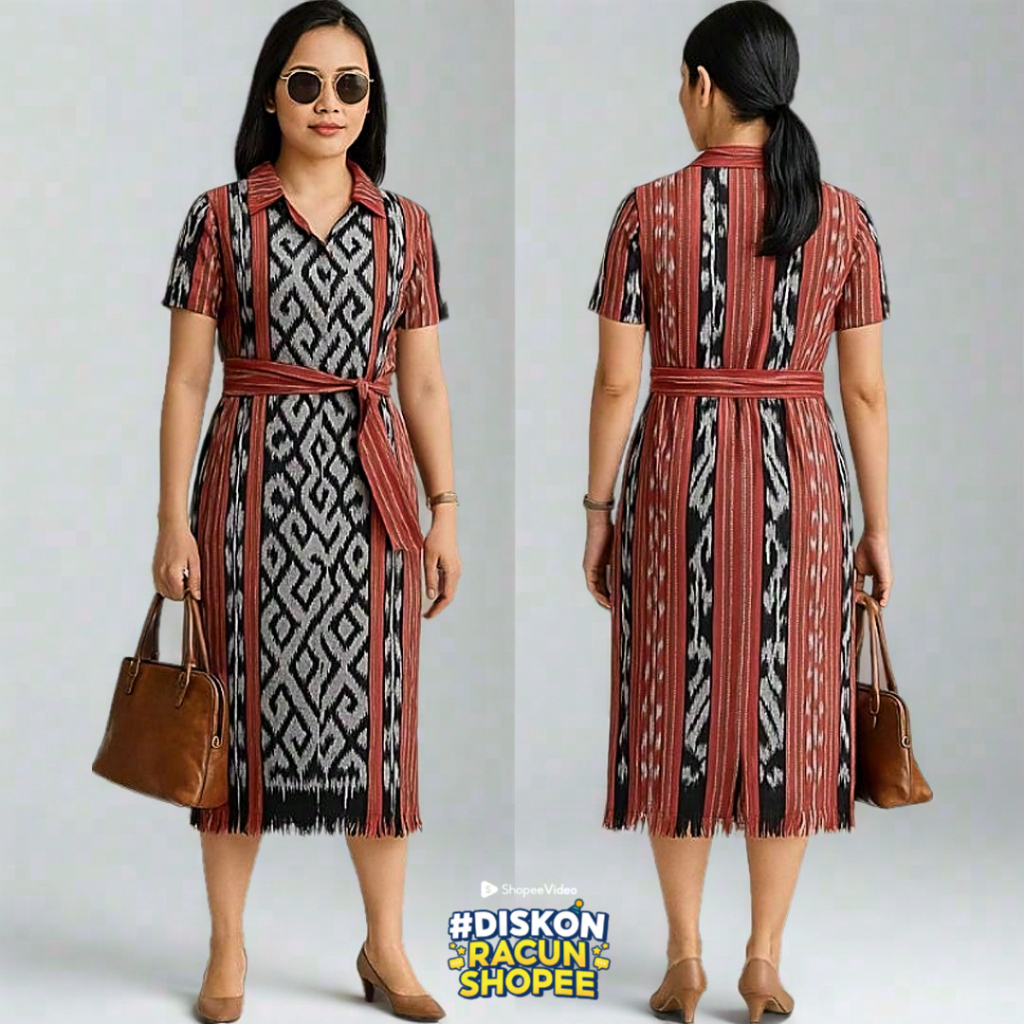 DRESS TENUN JEPARA WANITA DEWASA LENGAN PENDEK MIDI WARNA MERAH HITAM – BAJU FORMAL MOTIF IKAT NTT C