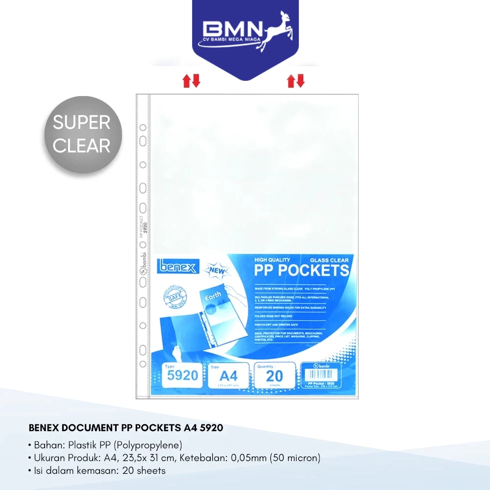 

Benex Document Pocket Transparant Sleeve A4 Tebal 0.050 mm kode 5920