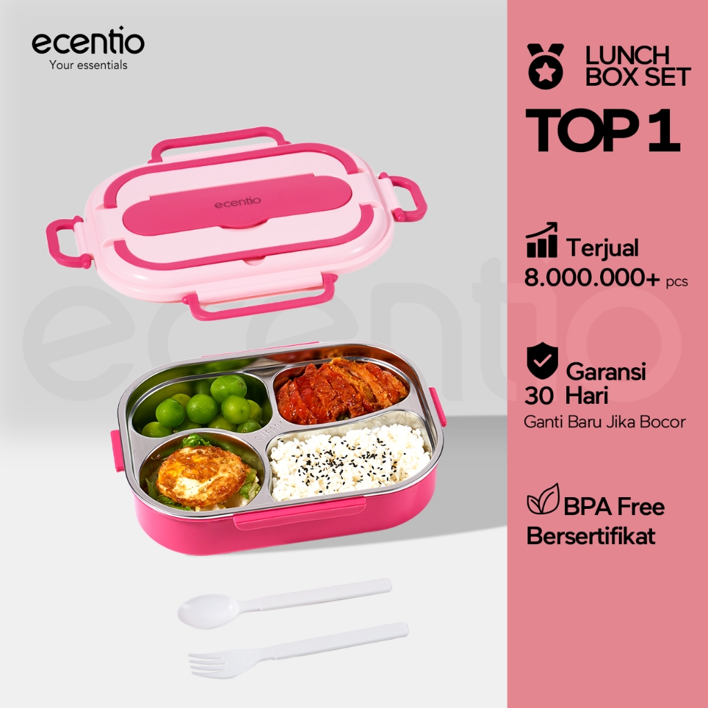 Special [RRQ] ecentio lunch box 1200ml stainless 304 sekat 4 dan anti tumpah free sendok sumpit