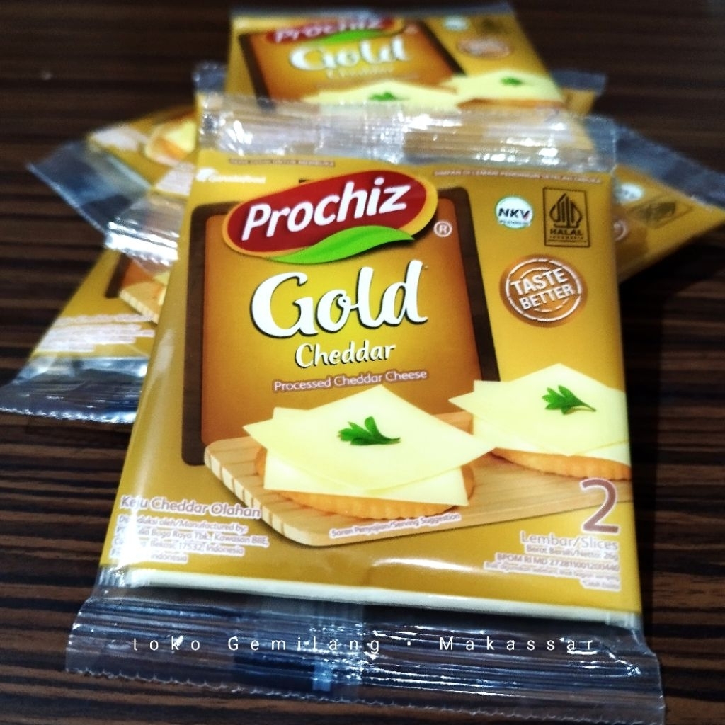 

Prochiz gold cheddar slice isi 2 lembar / slices, keju cheddar olahan