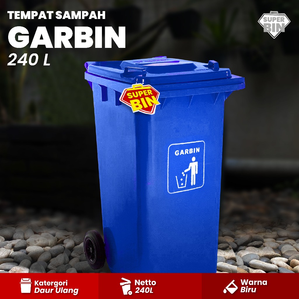 Garbin Dust Bin Plastik HDPE Warna Tempat Sampah Gerobak besar Dorong dengan Roda 240 Liter