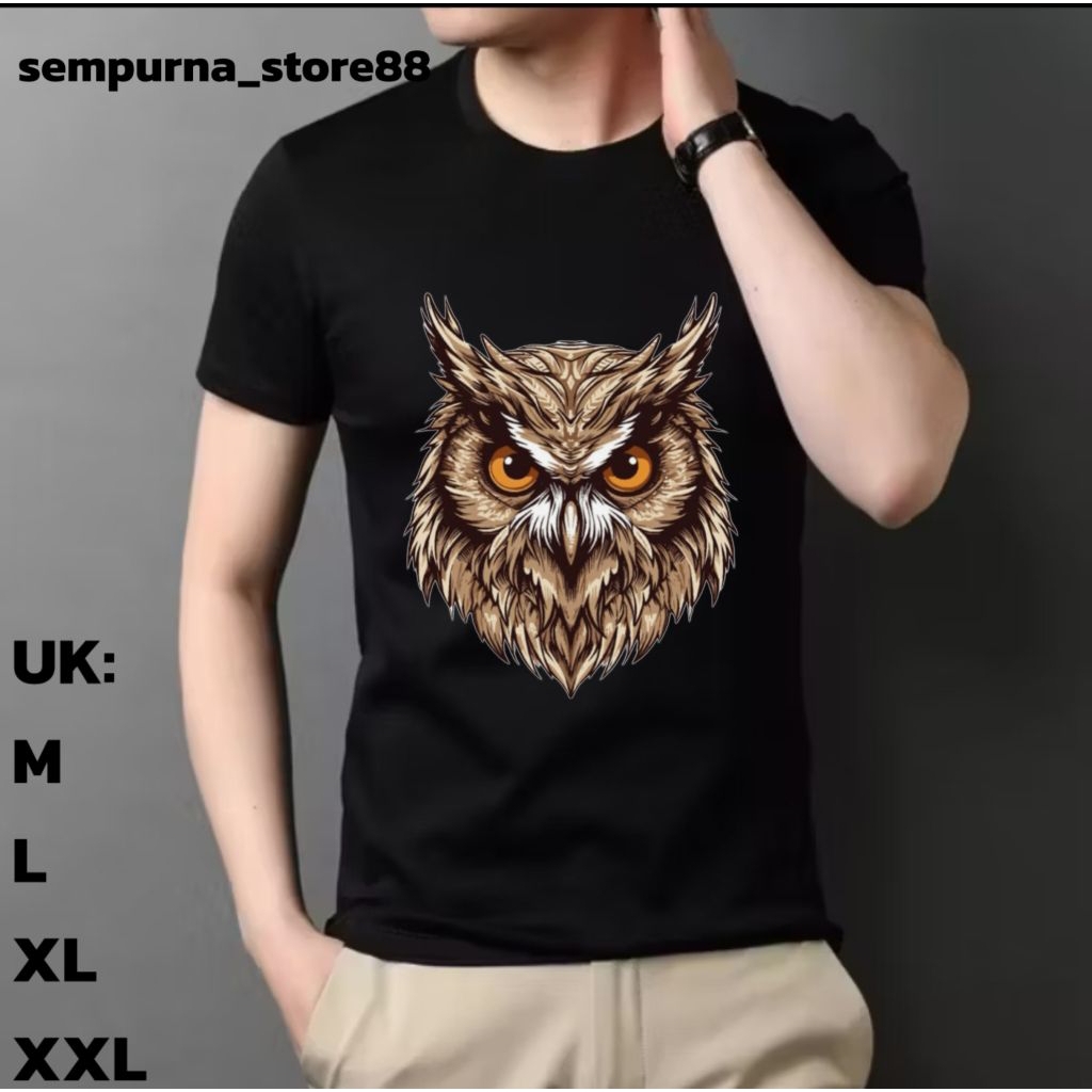 Oblong Pria Dewasa/Distro Atasan Cowok/Motif burung hantu/Baju Cowok Warna Hitam Dan putih/Bahan Kat