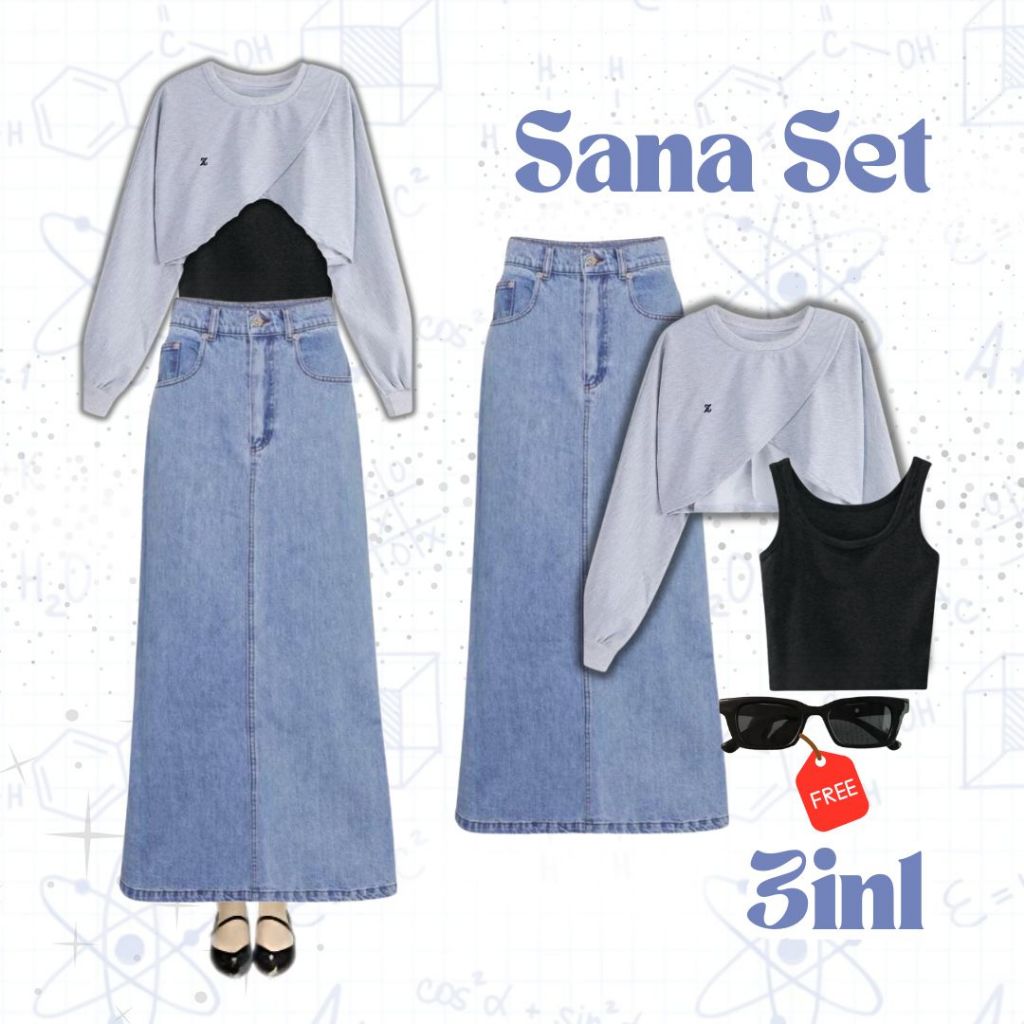 Setelan Korean Style | Crop Top Jennie Rok Jeans Tanktop Kacamata | One Set Wanita Terbaru | DS20