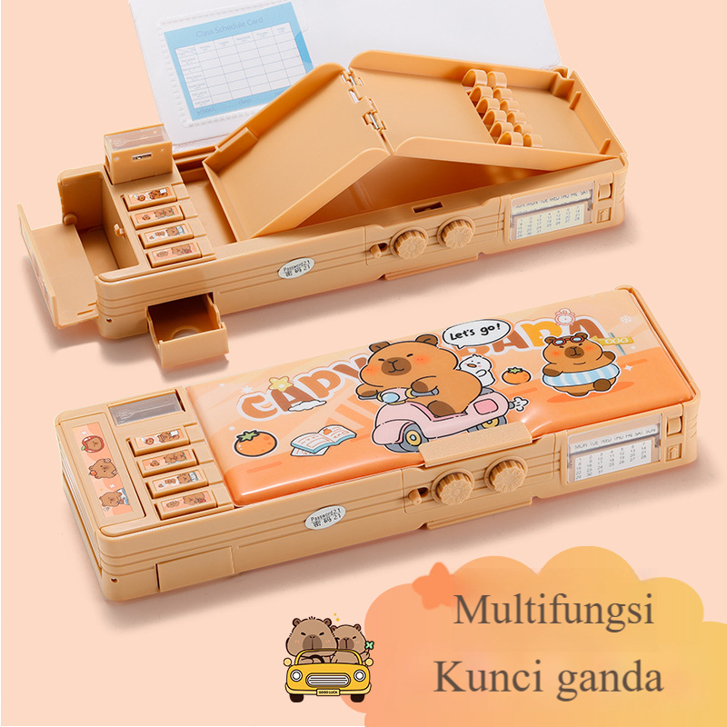 

(READY&ORI) Kapibala Kotak pensil dengan kunci kata sandi, kotak pensil multifungsi dua sisi untuk anak laki-laki dan perempuan, kotak pensil