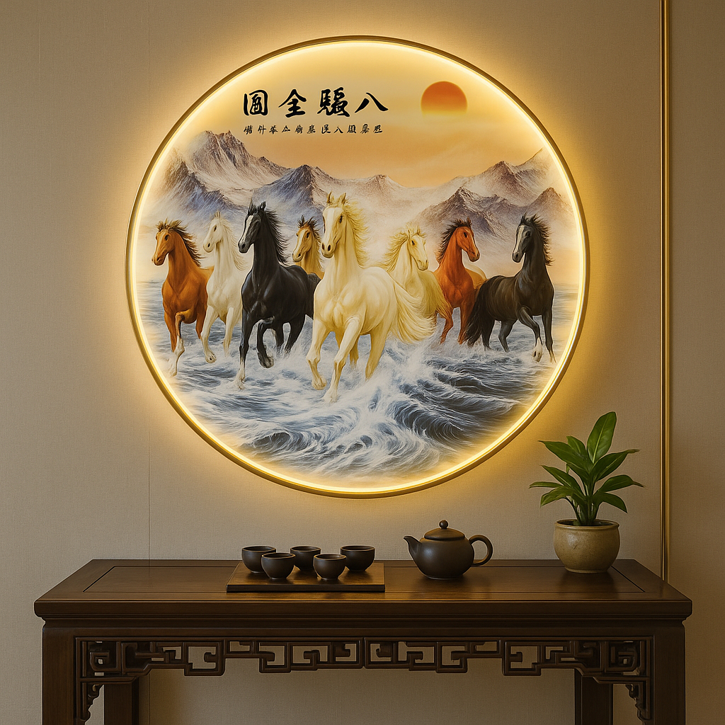 Dekorasi Hiasan Dinding 8 Kuda Berlari LED – Porcelain 5D Diamond Premium Diameter 100cm