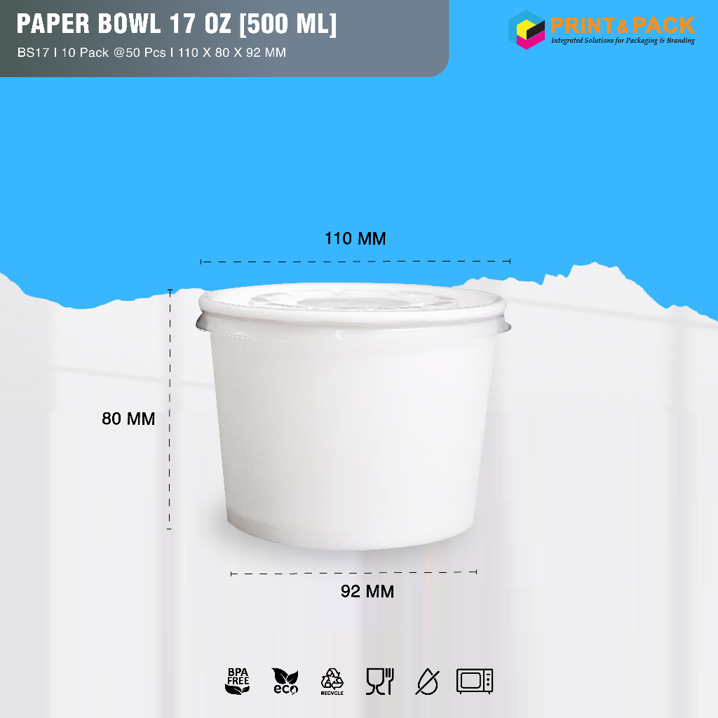 

Paper Bowl 500ml Polos Murah + TUTUP isi 50 pcs / Mangkok Kertas 17oz