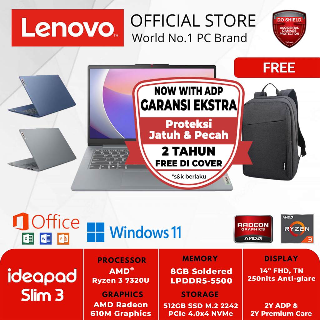 LENOVO IDEAPAD SLIM 3 14AMN8 C4ID C5ID AMD RYZEN 3-7320U 8GB 512GB WIN 11 HOME + OFFICE HOME 2024
