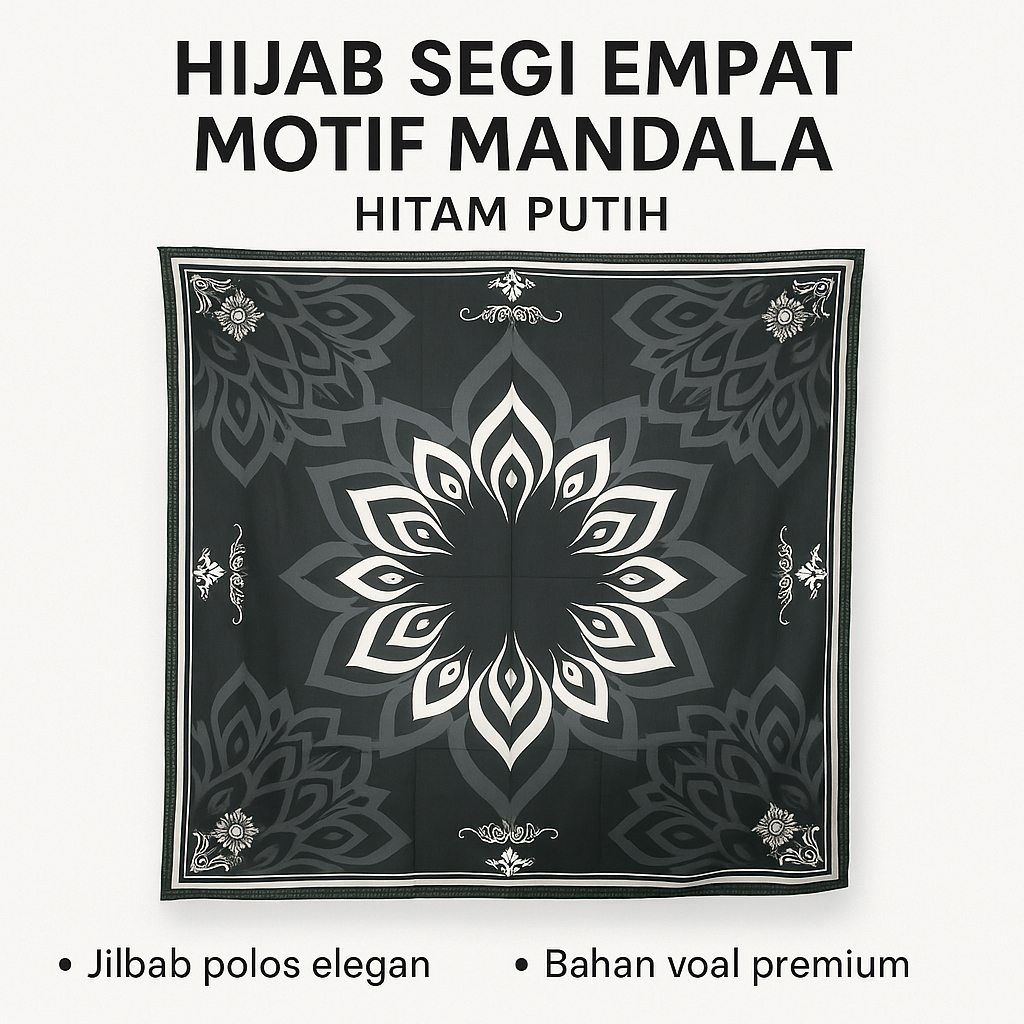 Hijab Segi Empat Motif Mandala Hitam Putih | Jilbab Polos Elegan Bahan Voal Premium