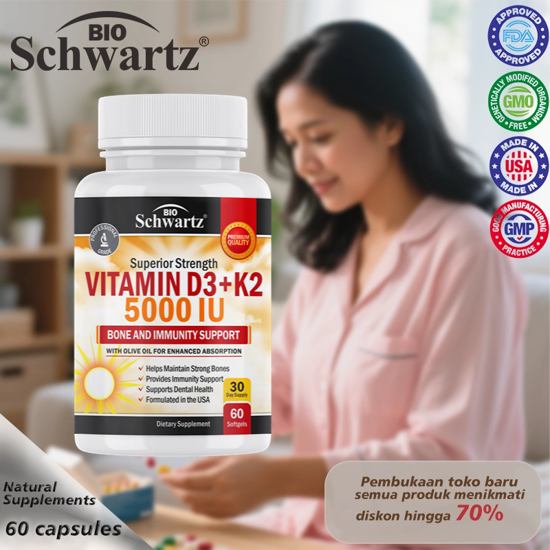 BioSchwartz D3+K2 5000IU, Serap Cepat, Bebas Aditif & Bersertifikat, 60 kapsul