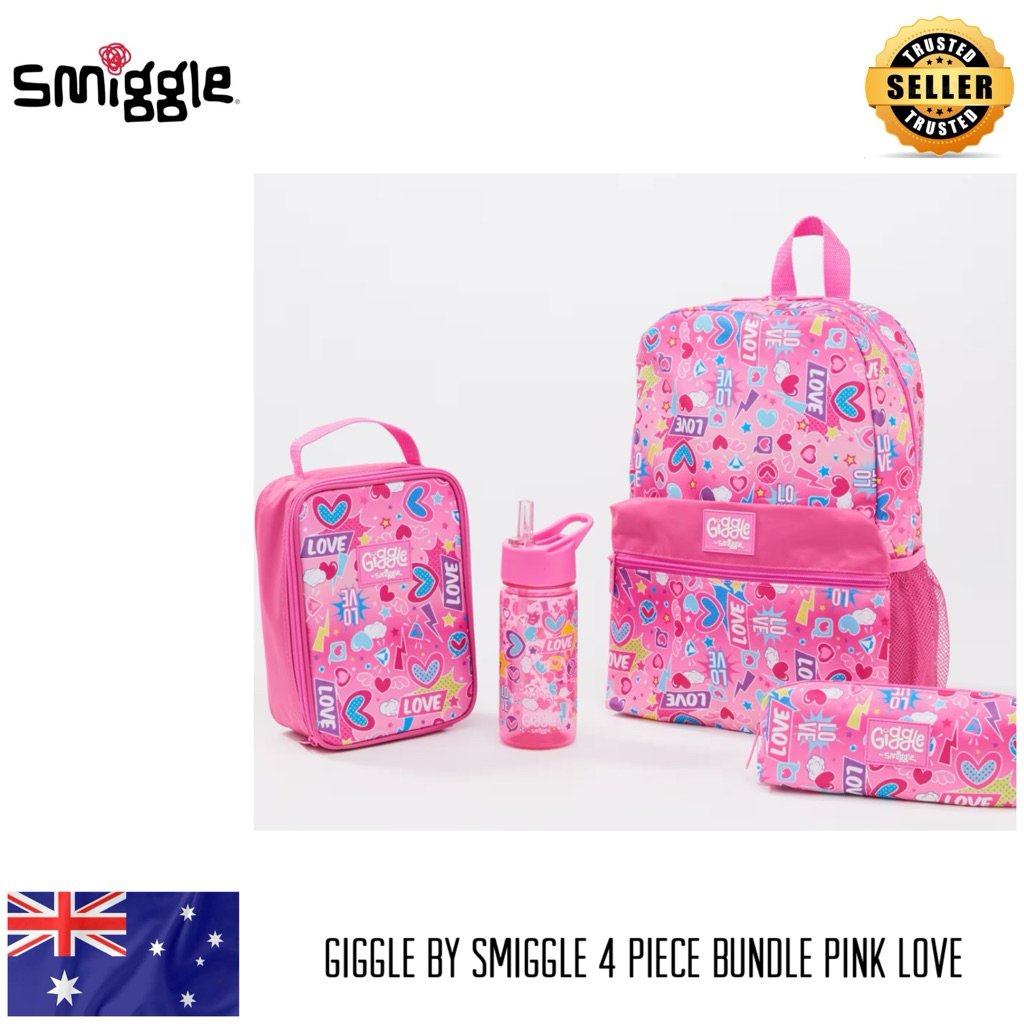 

Smiggle Backpack Lunch Box Pencil Case Drink Bottle 450 ml Pink Love / Tas Anak Sekolah Tas Makan Kotak Pensil Botol Minum