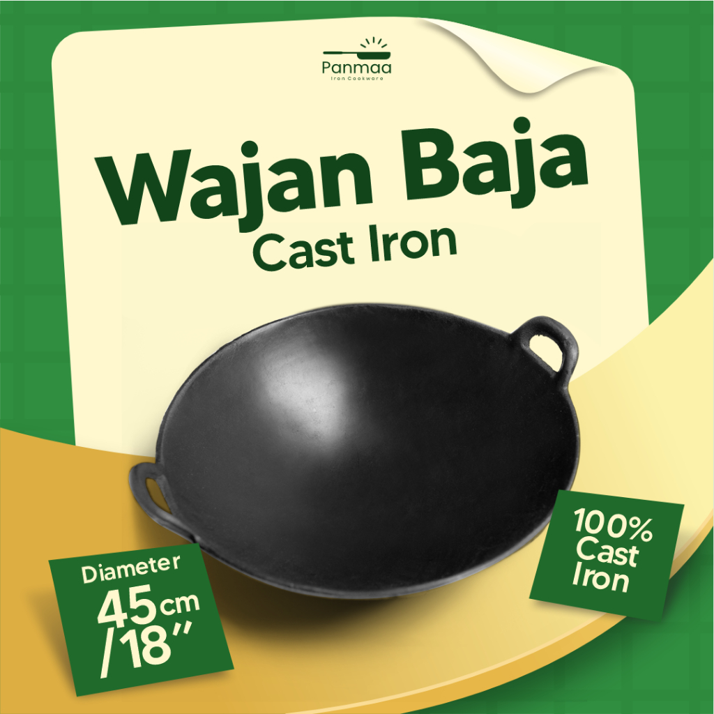 Wajan BajaCor  Seasoned18”(45cm)Tebal Anti Lengket/Kuali Besi Cor/Wok Cast Iron/Wajan Penggorengan