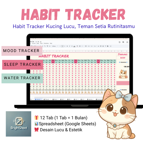 Habit Tracker Spreadsheet Premium – 12 Bulan | Mood + Sleep + Water Tracker Google Sheet
