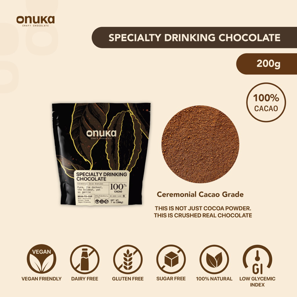 

Onuka 100% Dark Specialty Drinking Chocolate 200g / Sugar Free / Minuman Coklat Bebas Gula / Coklat Sehat / Diet Keto