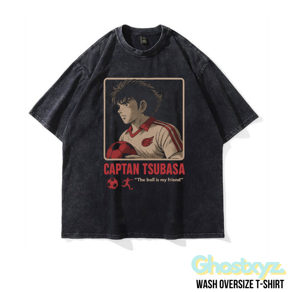 Ghostxyz T-Shirt Captan Tsubasa Wash Oversize Vintage Tee Baju Kaos