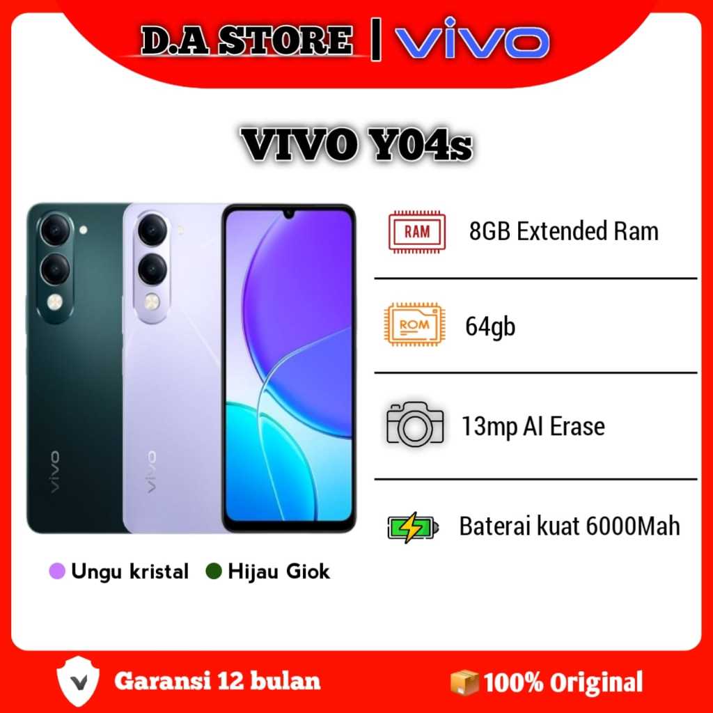 VIVO Y04s [4/64GB] LAYAR 6,74" || KAMERA 13MP AI ERASE || BATERAI 6000Mah TAHAN 2hari || IP64