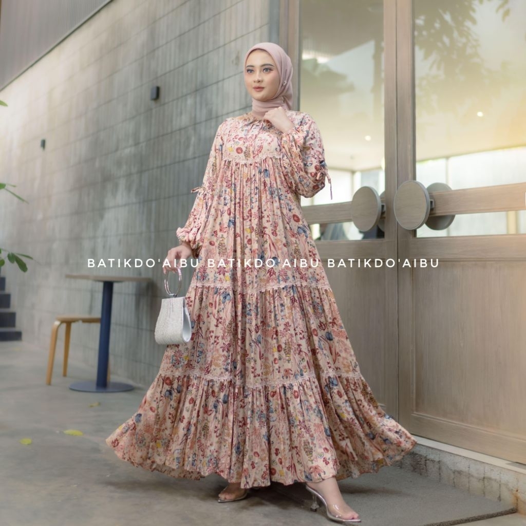 Hayvana Renda Dress - Gamis Rempel Renda Gamis Susun Lengan Balon Pita Gamis rayon premium