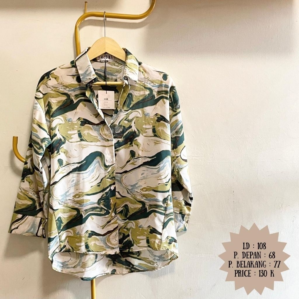 Kemeja Wanita Motif Abstrak Marble Hijau | LD 108 | Kemeja Bangkok Import
