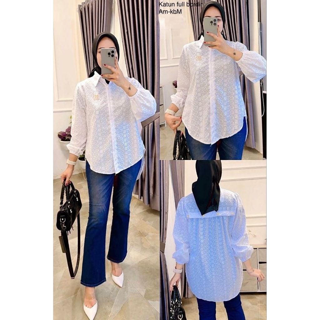 Blouse Katun Putih Bordir / Kemeja Putih Wanita Katun Bordir Premium / Blouse Putih Wanita Kerja / K