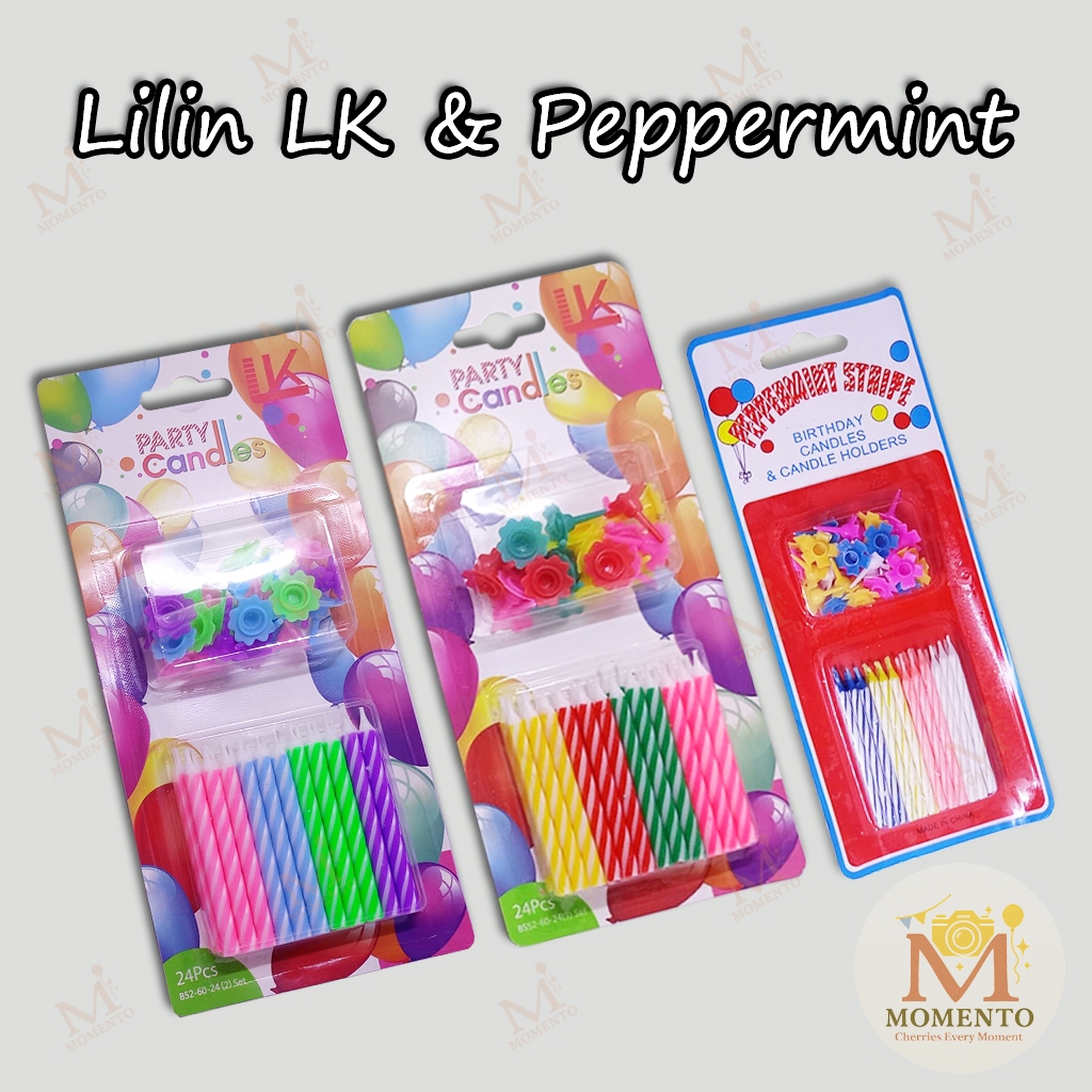 Momento Party Candles 24pcs / Lilin Ulang Tahun / Ultah / Lilin Ulir Batang Peppermint LK