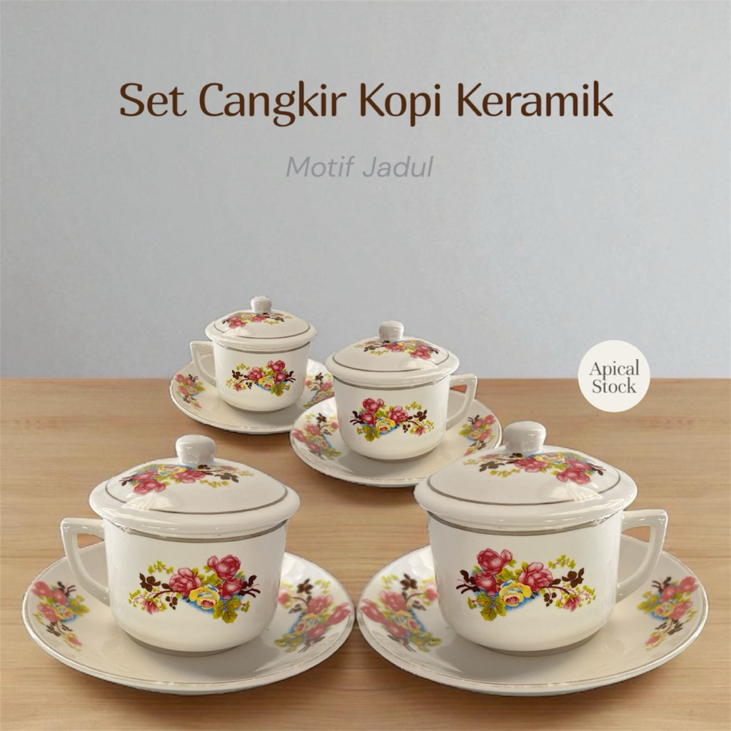 1 Set Cangkir Kopi Motif Jadul + Tutup