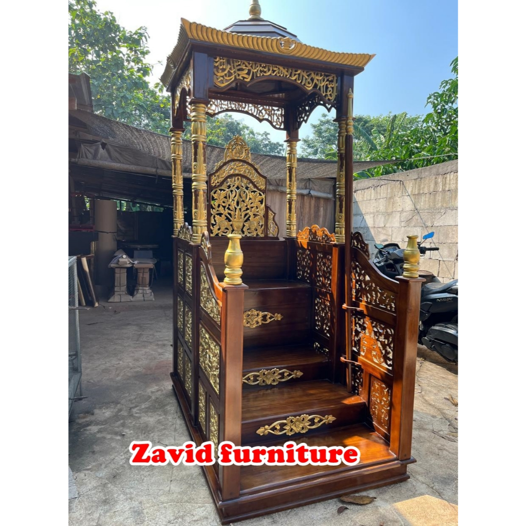 Mimbar Kayu Jati Tangga, mimbar masjid kayu jati kubah tangga, mimbar kubah masjid tangga, mimbar ma