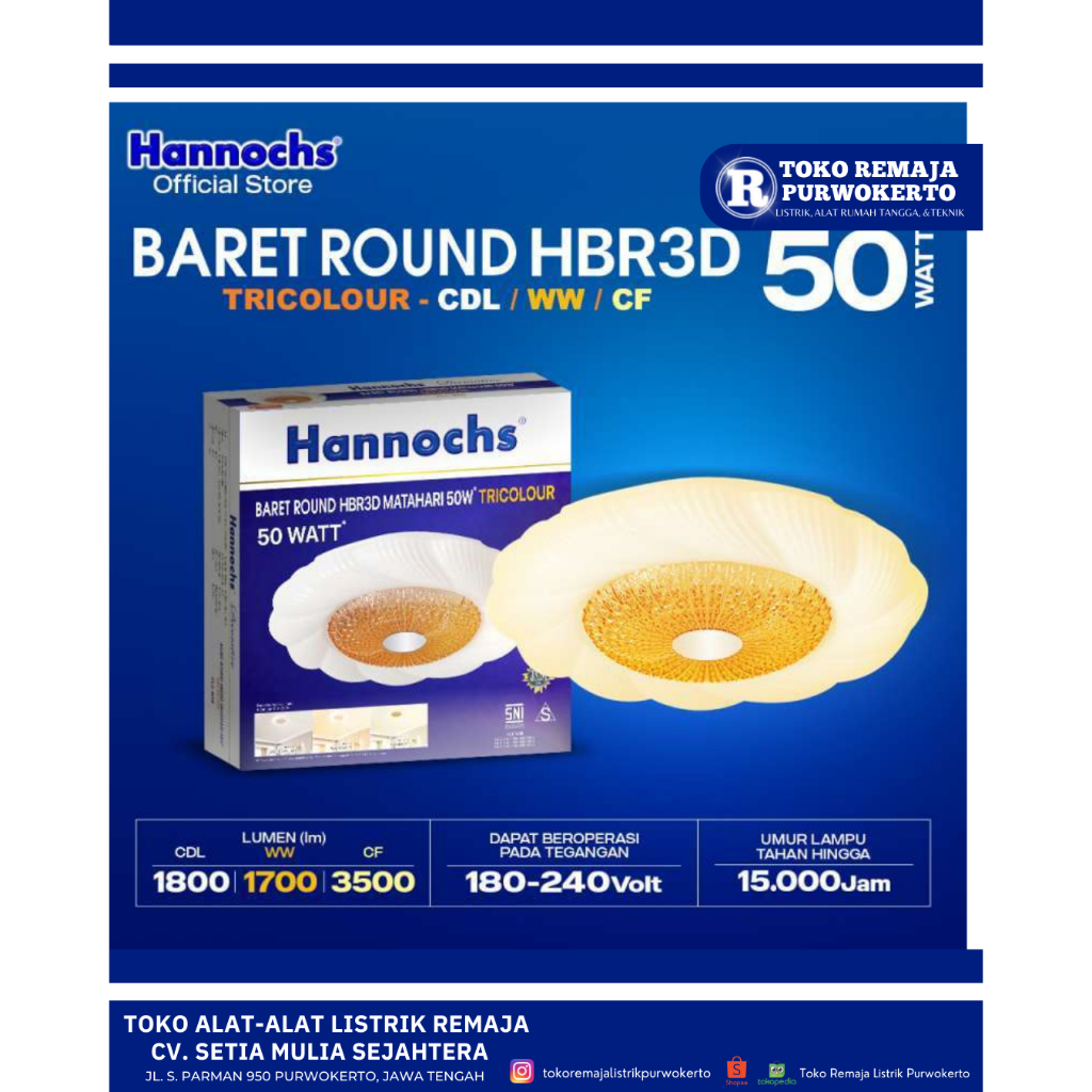 Kap Baret / Lampu Plafon 3D 3warna 50 Watt - Hannochs