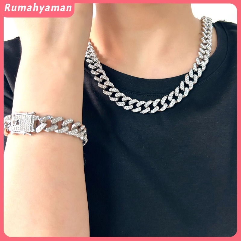 STOCK 12mm Lebar Gelang Berlian Wanita/Pria Bertatahkan Berlian Imitasi Gelang Fashion Mengkilap Mew