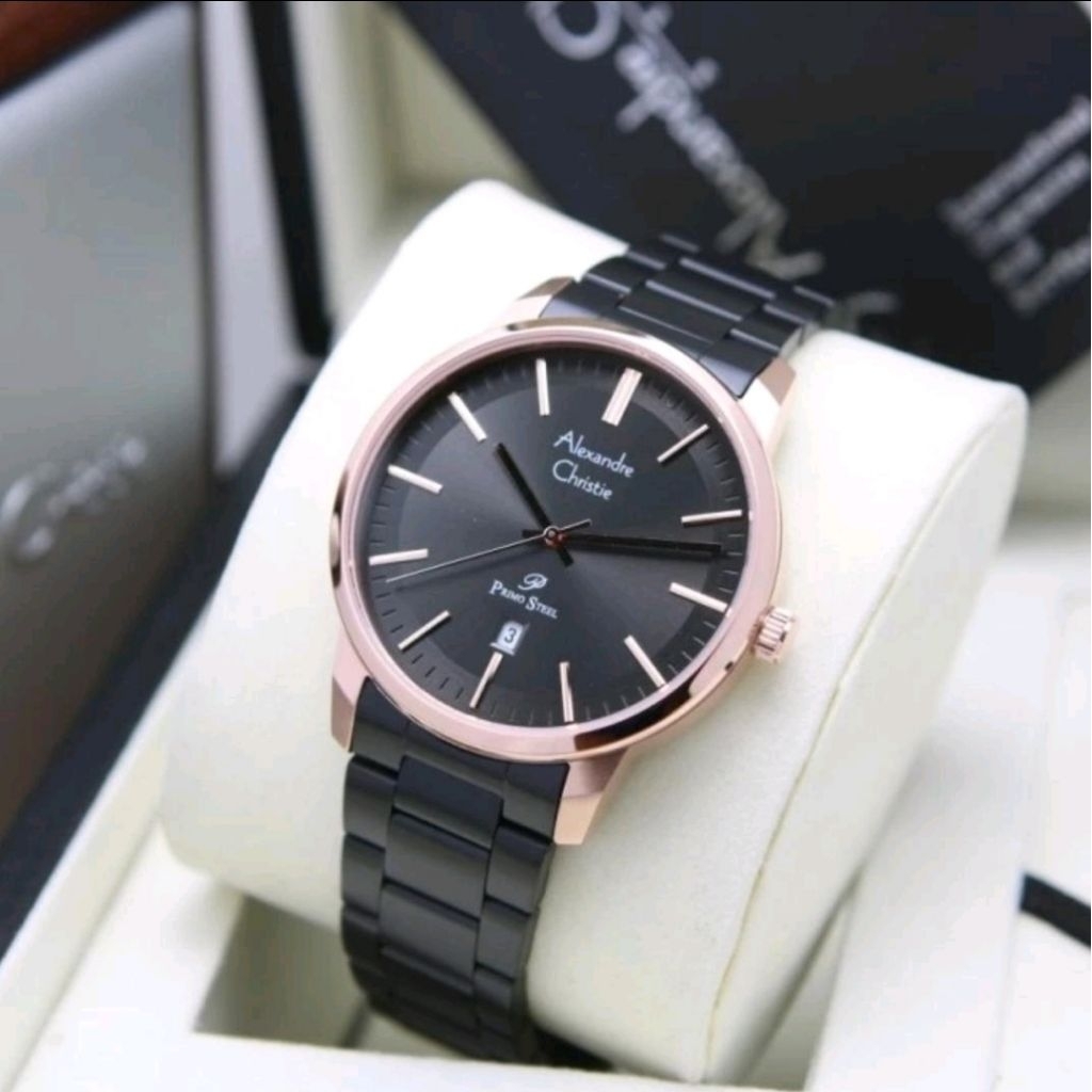 JAM TANGAN PRIA ORIGINAL ALEXANDRE CHRISTIE  AC1030MD ROSEGOLD BLACK  STAINLESS STEEL