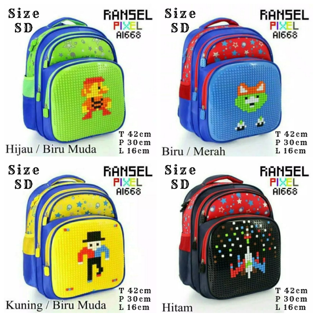 Tas Sekolah Anak TK Model Lego Ransel Paud Backpack Anak Perempuan dan Laki - Laki Free Pixel Lego