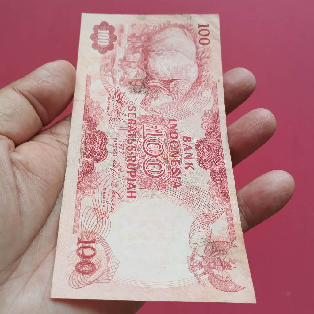 Uang Kuno Kertas Rp 100 Tahun 1977 Badak UK 013