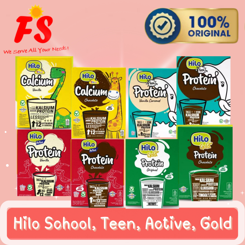 

HILO ACTIVE, GOLD, SCHOOL, & TEENS, SUSU TINGGI KALSIUM RASA ORIGINAL, VANILA, COKLAT 1000 GRAM