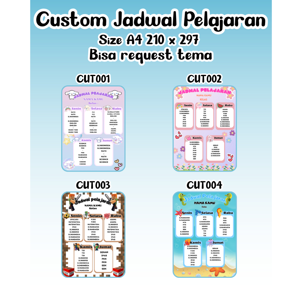 

CUSTOM JADWAL PELAJARAN , MATA PELAJARAN SEKOLAH TERMURAH DAN AWET