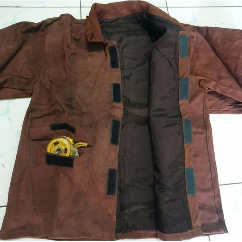 Jaket jas baju dan celana panjang las welding jacket + trouser leather kulit suede kantong coklat tu