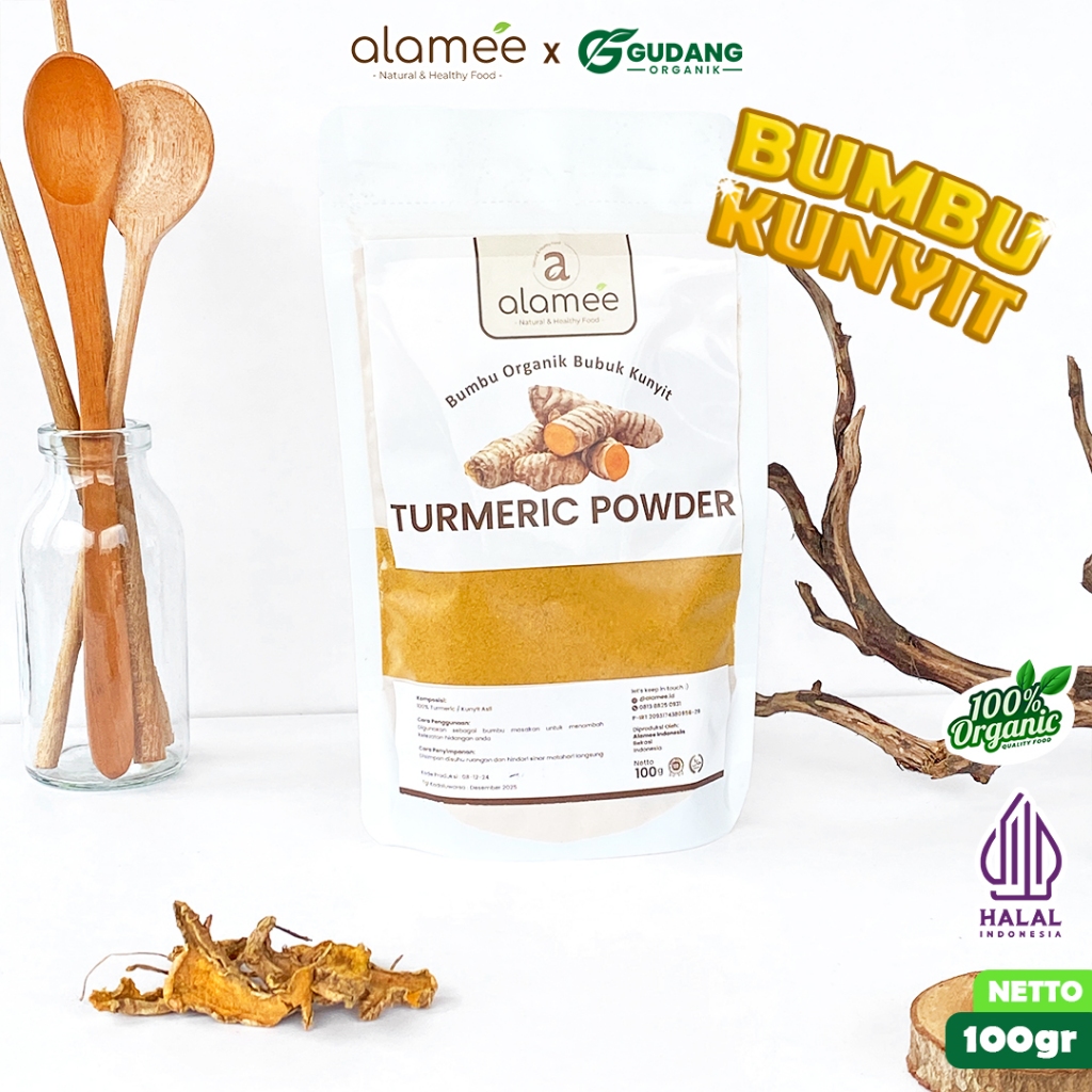 

alamee bumbu organik kunyit 100 gram yang 100 persen organik dan tanpa bahan tambahan herbal alami