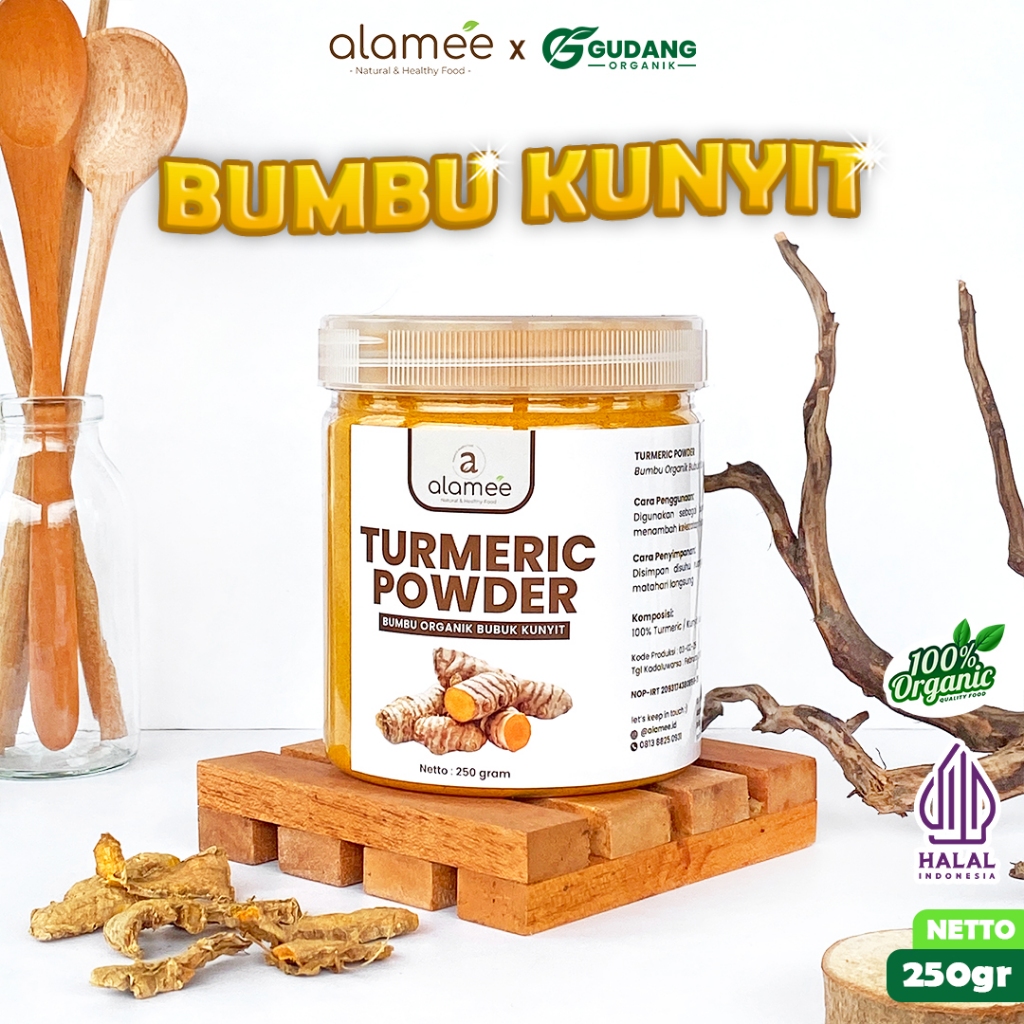 

alamee bumbu organik kunyit toples dengan warna cerah dan rempah alami menawarkan sumber antioksidan