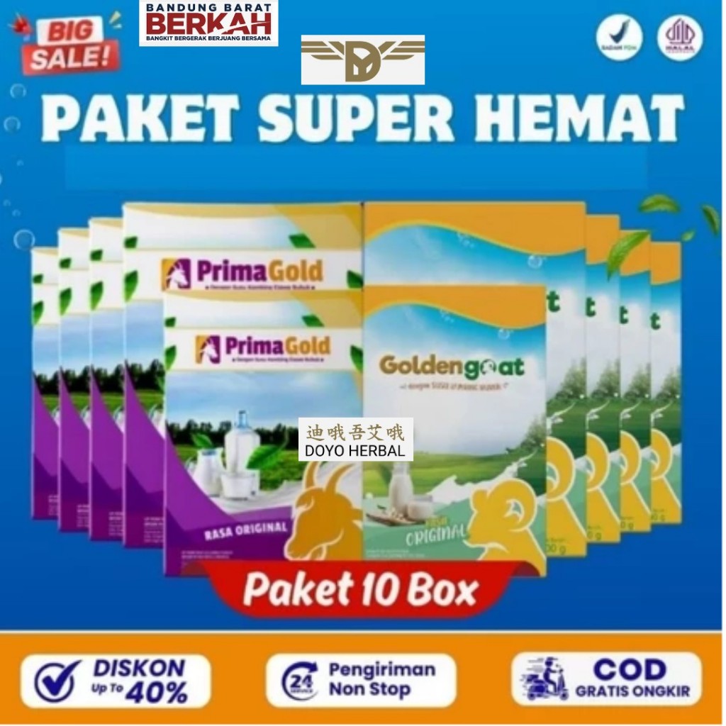 

Promo Paket 10 Box Susu Kambing Etawa Bubuk Golden Goat / Prima Gold Original - Doyo Herbal