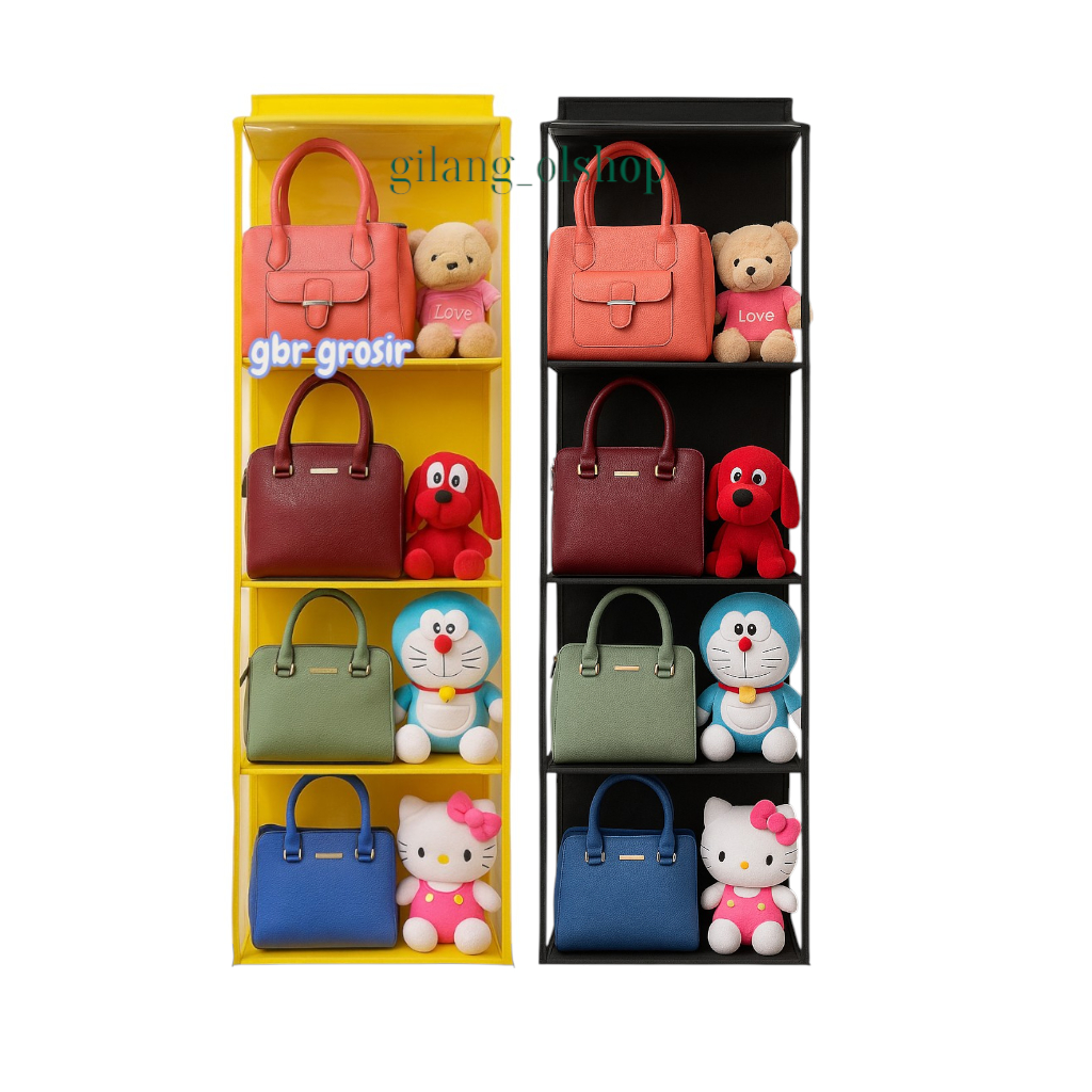 RAK TAS GANTUNG POLOS 5 KOLOM BESAR ALAS TRIPLEK PLASTIK TEBAL RESLETING KANAN KIRI KUAT