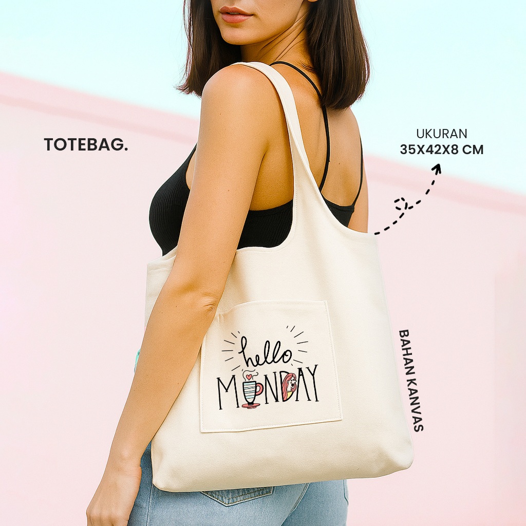 TOTE BAG KANVAS HELLO MONDAY BERBAHAN KANVAS UKURAN JUMBO - TAS VINTAGE / TAS KANVAS / TAS WANITA