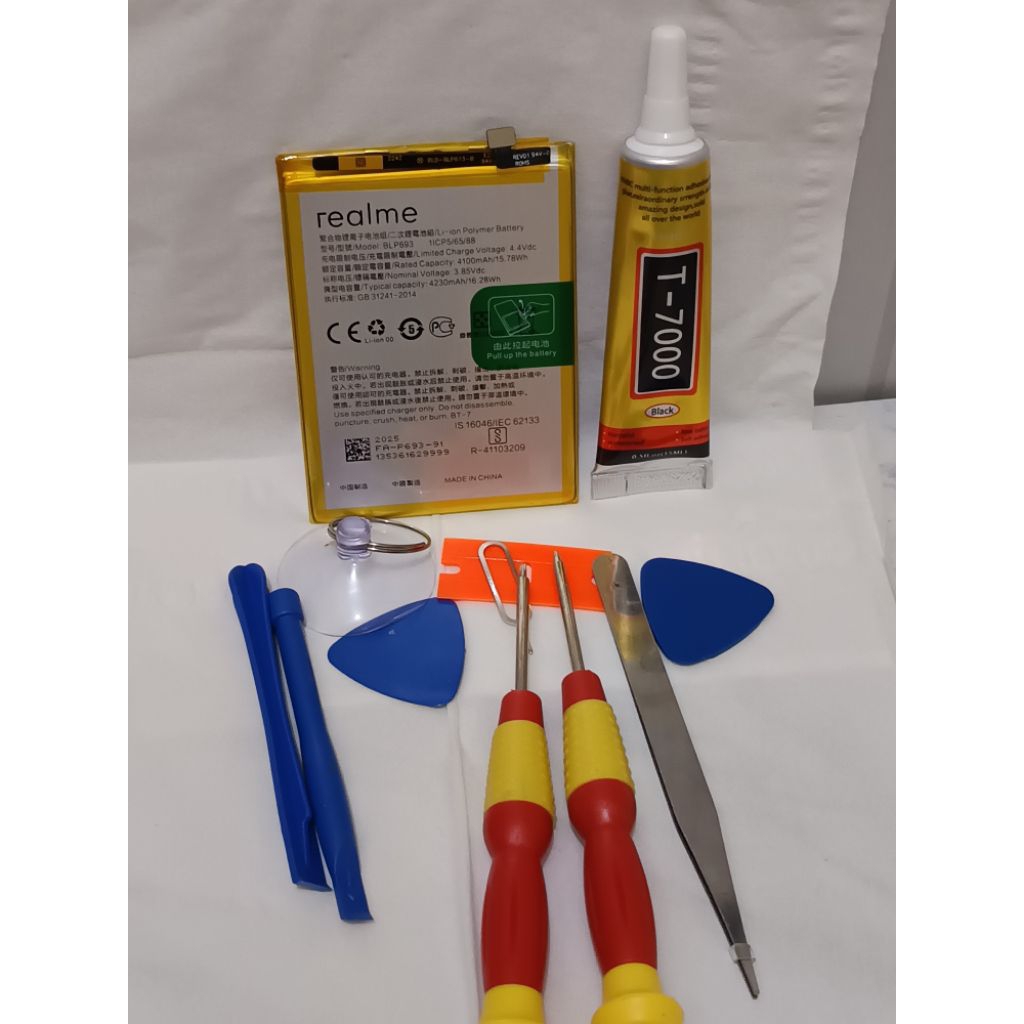 PAKET HEMAT BATREY HP REALMI C11 / C12 / C15 / C17 ORIGINAL BLP793+ SET OBENG HP 10 IN 1 + LEM T-700