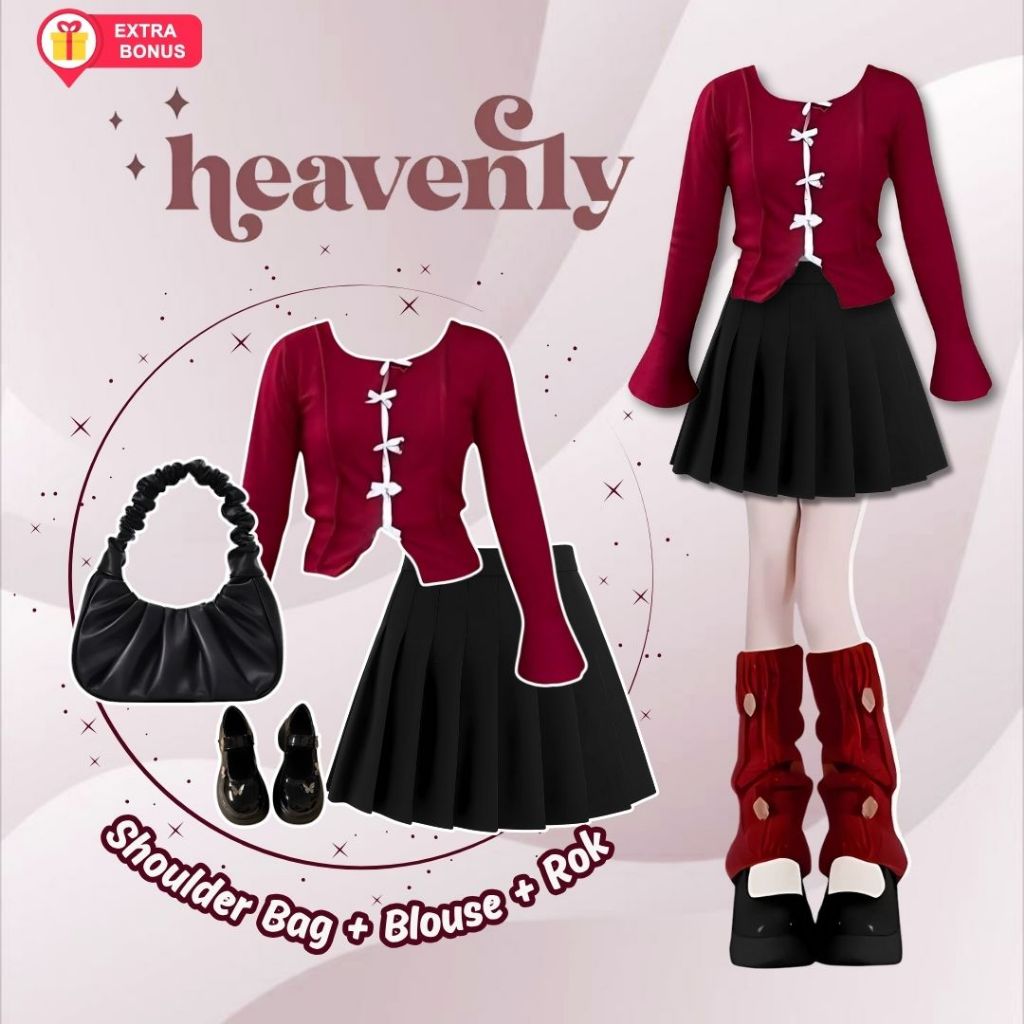 One Set 3in1 Blouse Pita Rok Skirt Pendek Shoulder Bag Tas Kerut | OOTD outfit wanita cewek anak rem