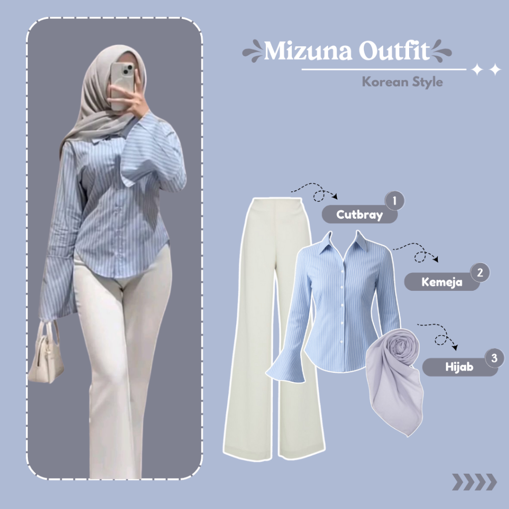One Set Mizuna Outfit ( Kemeja + Cutbray + Hijab ) Ootd Korean Style | Fashion Wanita Kekinian
