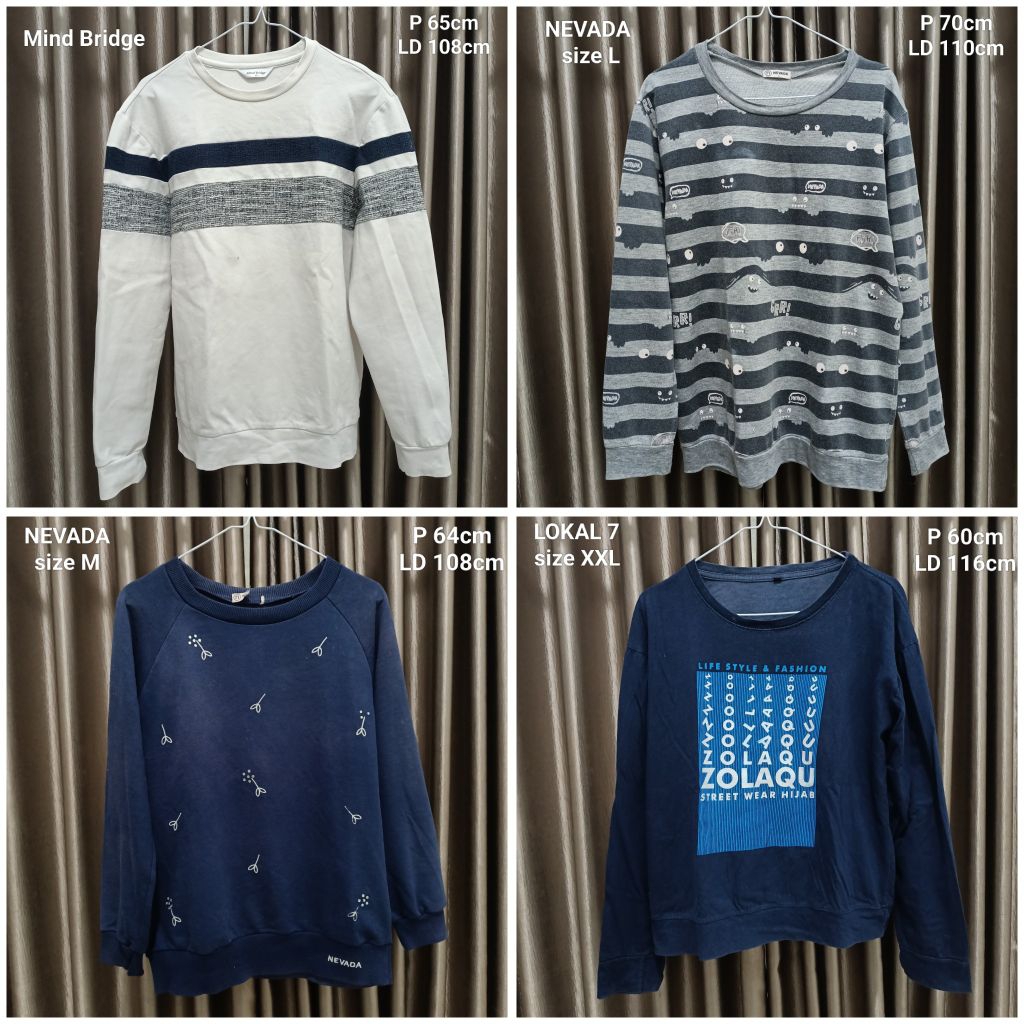 Preloved / second / bekas sweater wanita / cewek NEVADA biru Dongker STRIPE abu putih list print can