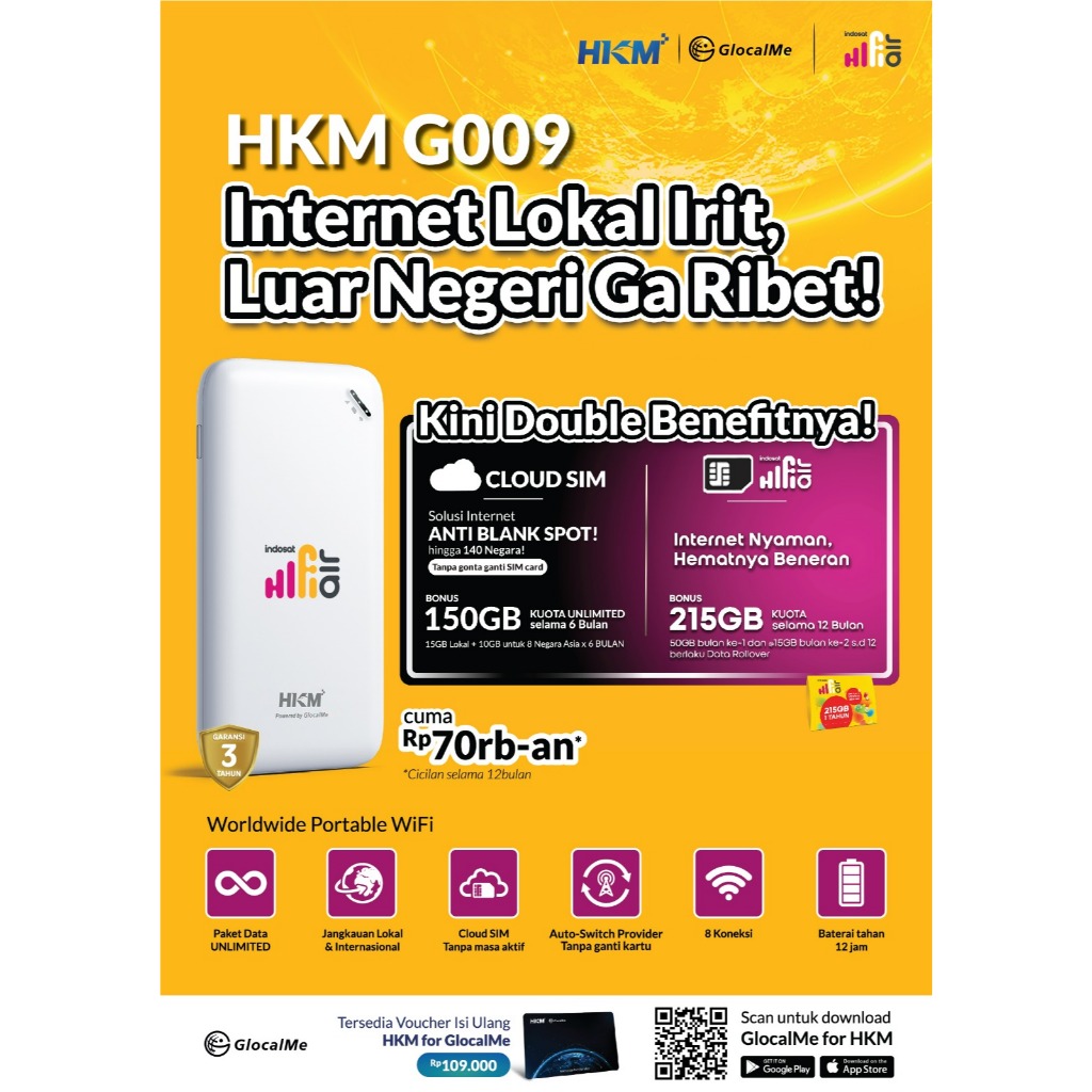 MIFI UNLIMITED HKM Glocalme G009 Modem Wifi 4G UNLOCK ALL OPERATOR PAKET UNLIMITED