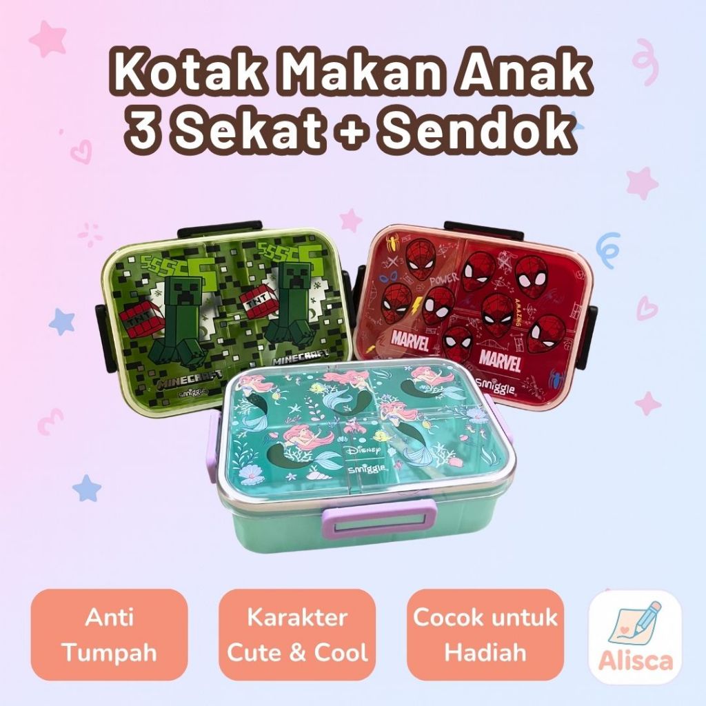 Lunch Box Lucu Smiggle 3 Sekat + Sendok | Kotak Bekal Makan Anak Sekolah – Spiderman, Minecraft, Ari