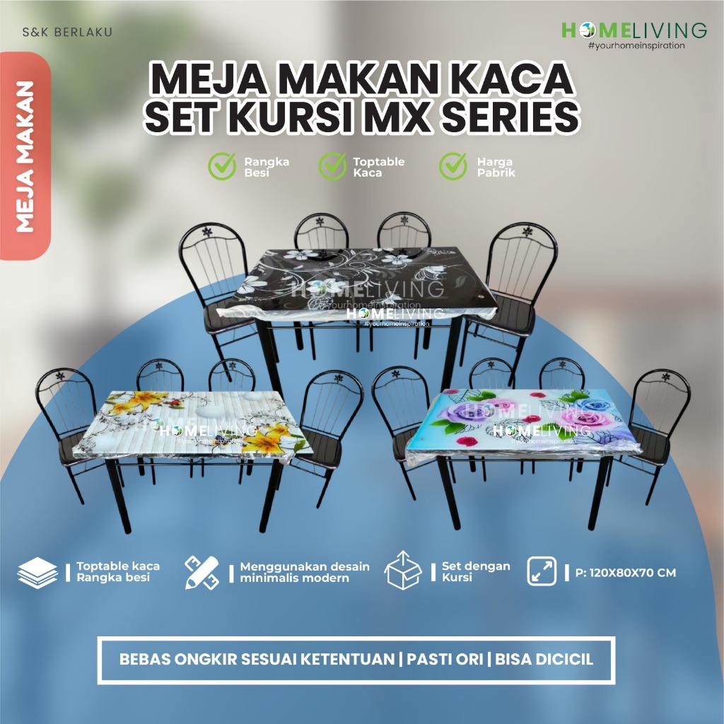 HOMELIVING-MEJA MAKAN - MEJA MAKAN 4 KURSI - MEJA MAKAN KACA - MEJA MAKAN KACA MOTIF