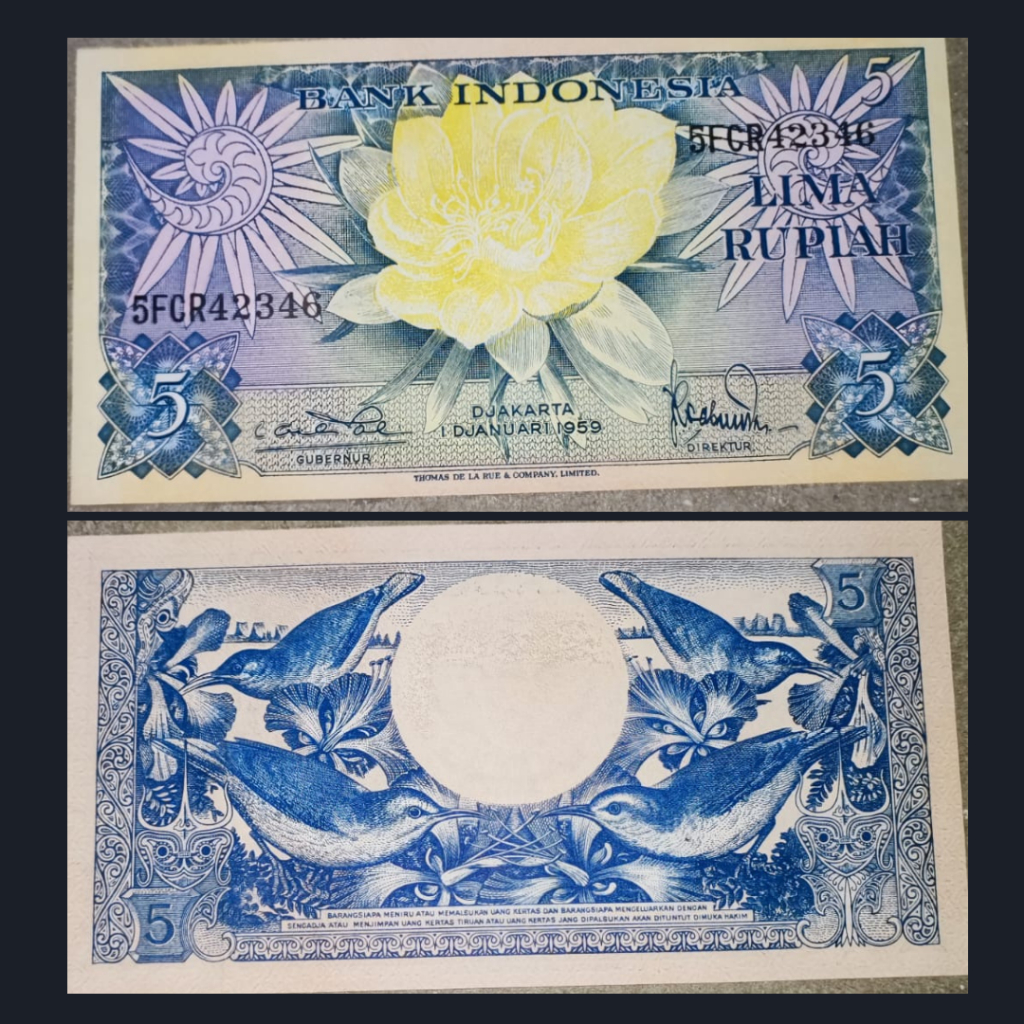 Uang Kuno Indonesia 5 Rupiah Bunga Tahun 1959 | UNC | Gress