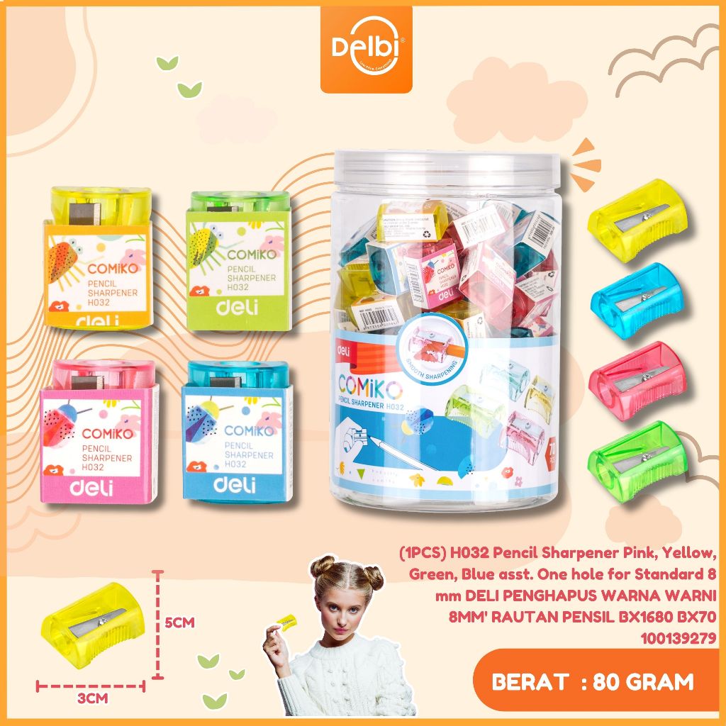 

Deli Sharpener / Rautan Pensil Lucu Warna-Warni (1PCS) EH032 PENCIL SHARPENER PINK,YELLOW,GREEN,BLUE ASST. ONE HOLE-FOR STANDARD PENCIL 8MM
