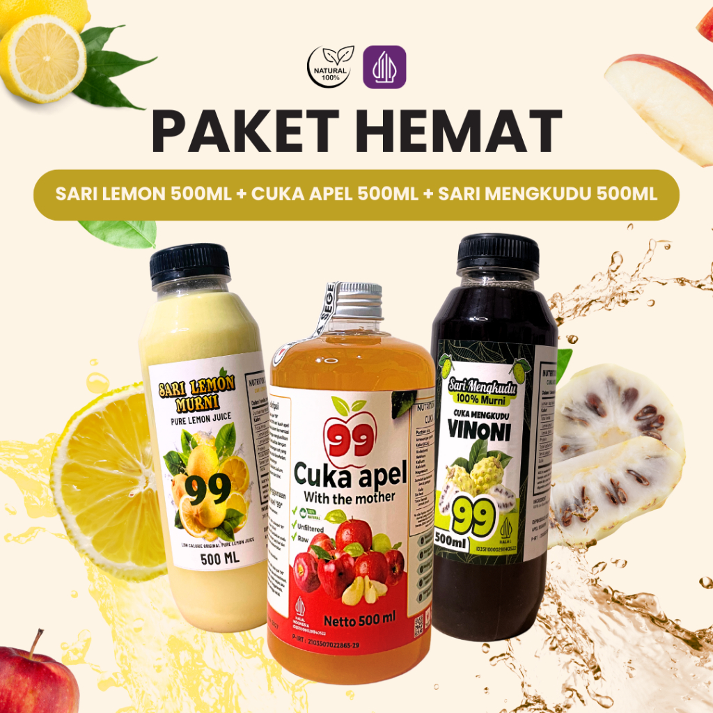 

PAKET HEMAT Cuka Apel Sari Lemon Sari Mengkudu Asli 100% Original Tanpa Pengawet 3 x 500 ml